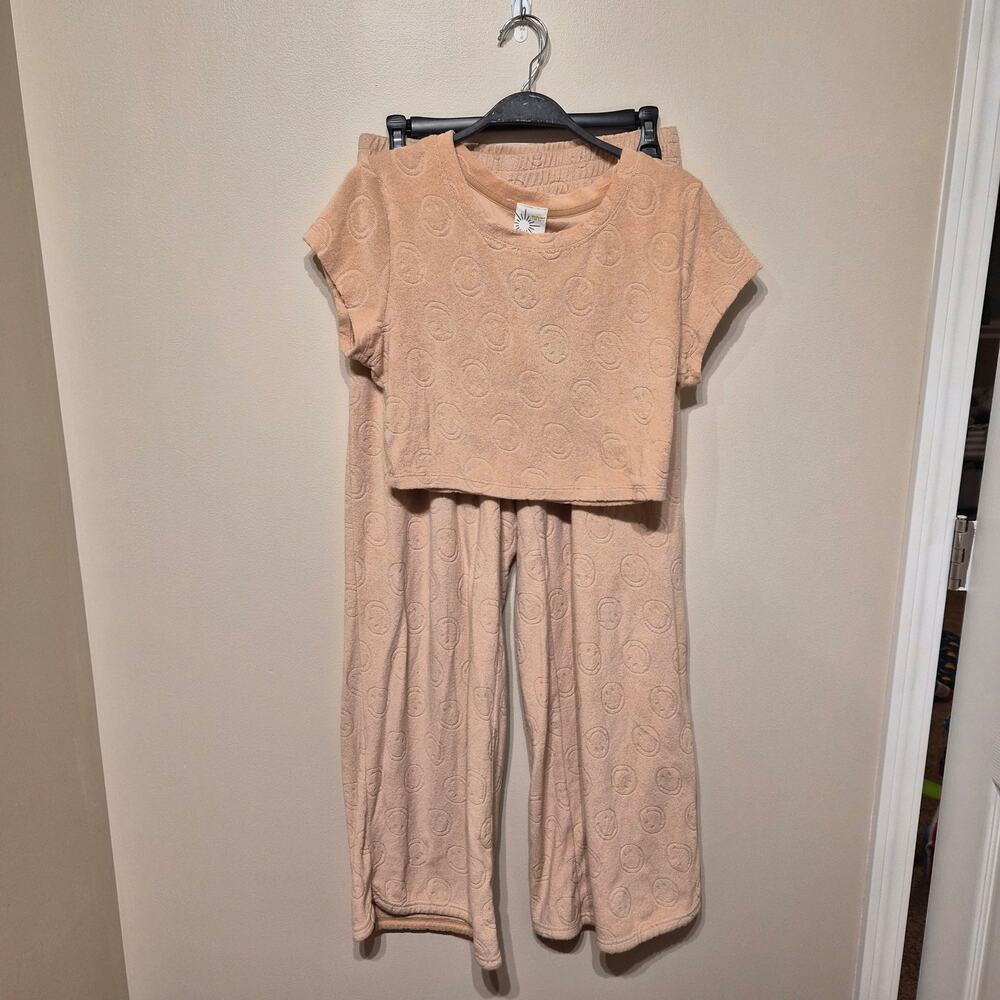 Offline by Aerie Tan Terry Cloth Embossed Smiley Matching Set Small Short Sleeve
